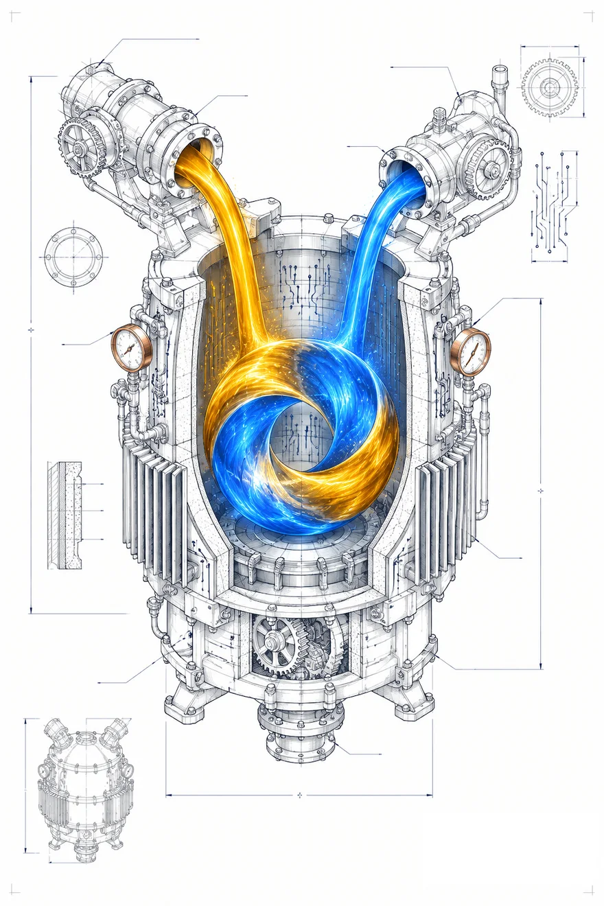 Blueprint of a foundry crucible: a gold stream and a blue stream pour in and twist into one interlocking ring.